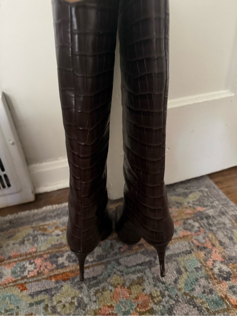 SCHUTZ Croc-Embossed Pointed-Toe Over-the-Knee Boots - Dark Brown - Picture 4 of 6